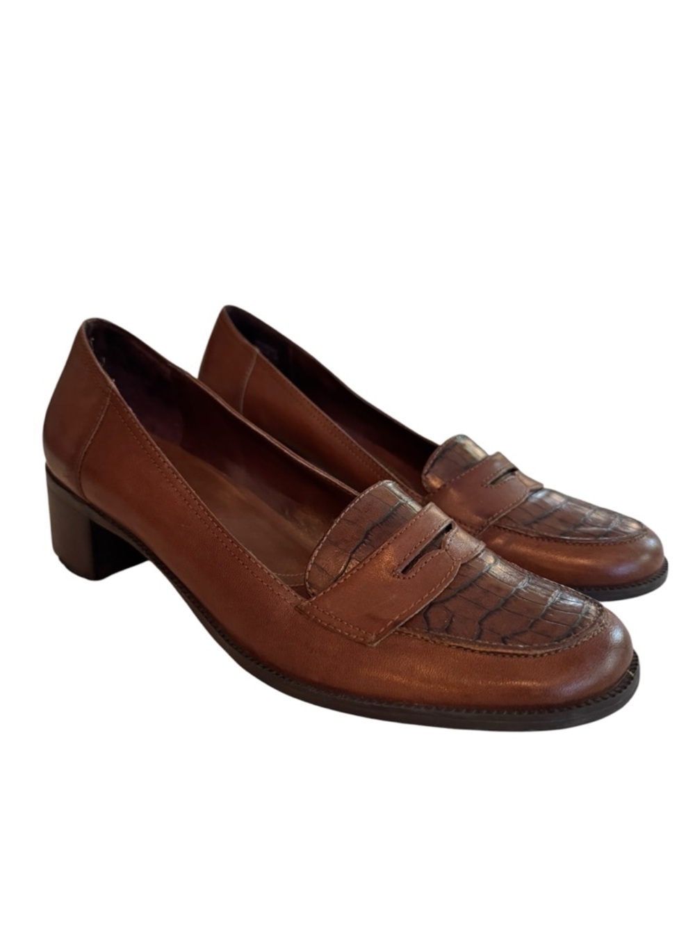 Naturalizer Womens Brown Leather Croc Embossed Penny Loafers Heels 8.5